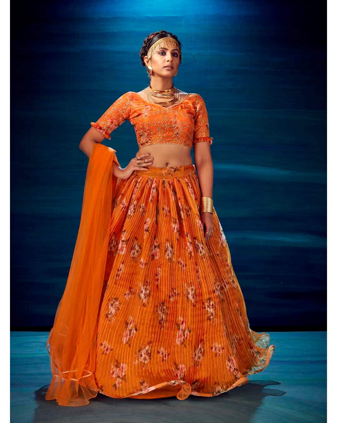 Organza Printed Semi- Stitched Lehenga Choli Set with Dupatta