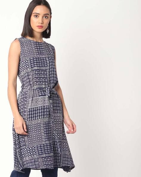 Printed Sleeveless Tunic with Waist Tie-Up