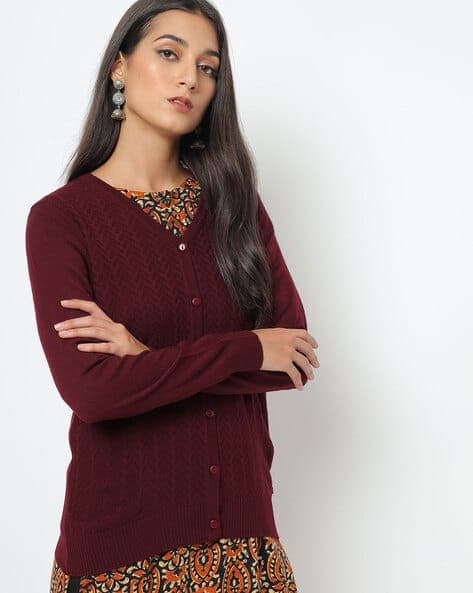 Chevron Knit Slim Fit V-neck Cardigan