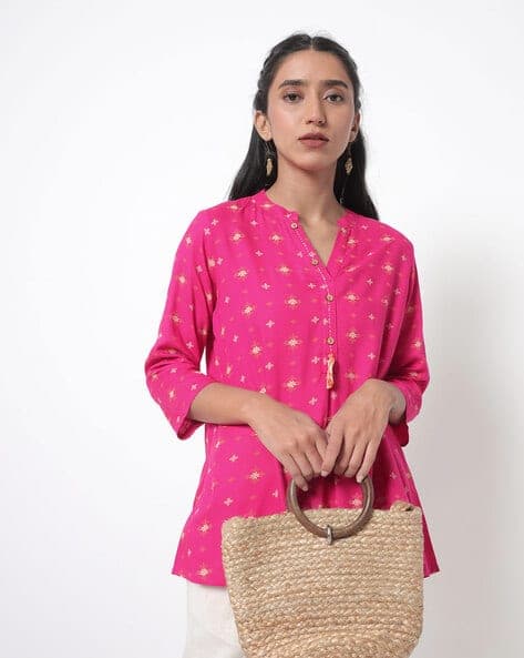 Floral Print Tunic with Mandarin Collar
