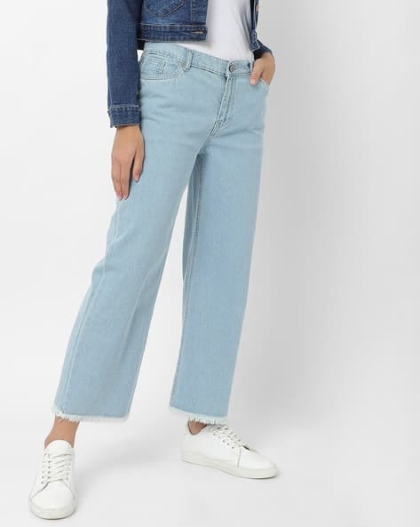 Straight Fit Jeans with Frayed Hems