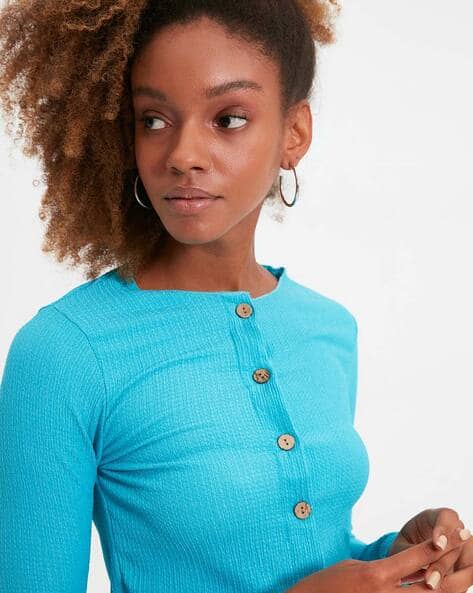 Button-Down Round-Neck Top