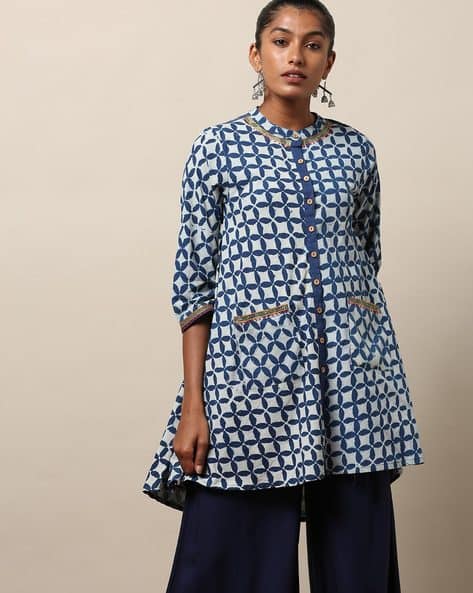 Geometric Print A-line Tunic with Embroidered Hems